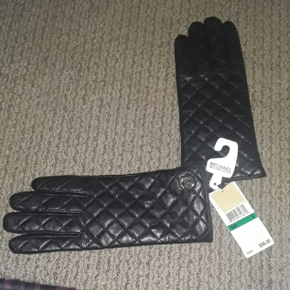 NWT: MICHAEL KORS BLACK LEATHER GLOVES SZ: LG!!